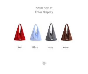 Selection of knit tote bags featuring bird embroidery in red, blue, grey, and coffee colors