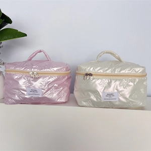 Detail of waterproof PU makeup bags with bow textures and metallic dual zippers
