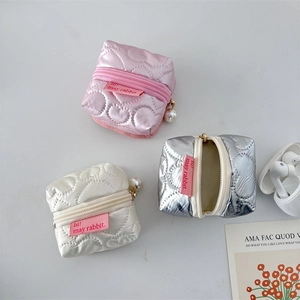 Quilted PU heart-shaped earphone pouches with pearl zippers in pink, white and silver colors