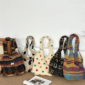 Five styles of large fuzzy plush tote bags with colorful patterns for autumn and winter