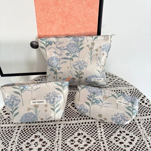 Detailed set of three jacquard makeup bags with blue floral patterns on lace tablecloth