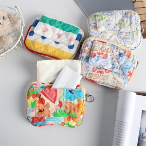 Quilted floral and cartoon mini pouches with zipper closure and metal clips
