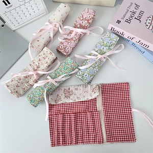 Floral fabric roll-up makeup brush bag with large capacity and ribbon closure