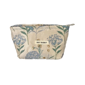 Floral jacquard large cosmetic bag with blue hydrangea patterns and zipper closure