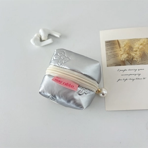 Silver PU leather mini storage pouch with embroidered butterfly and pearl zipper