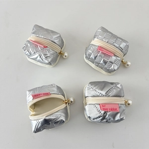 Silver PU waterproof mini earphone pouches with diamond and checkerboard pattern