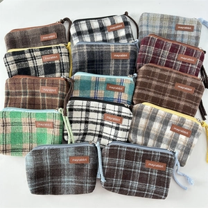 Retro Plaid Woolen Coin Purse Mini Storage Bag With Zipper Checkered Tweed Pouch Vintage Leopard Print For Women