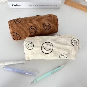 Großes Federmäppchen aus Cord mit Smiley-Design und robustem Metall-Reißverschluss