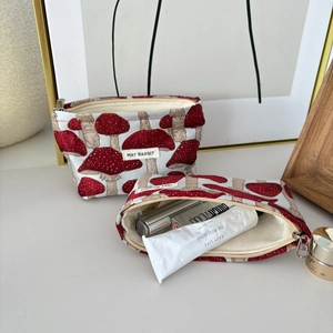 Trousses de maquillage en toile à motif jacquard de champignons et zip argenté