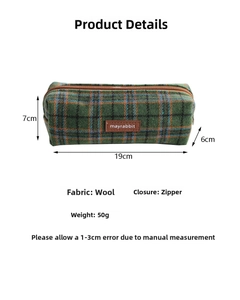 Detail view of plaid wool pencil case showing 19x7x6cm dimensions and texture