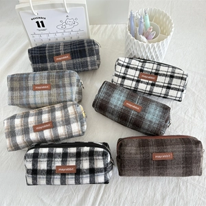Retro plaid wool pencil case set in multiple colors with brown leather brand tag