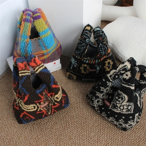 Fuzzy faux fur tote bag set featuring plaid, abstract, and heart patterns for autumn
