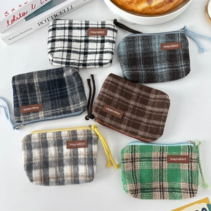 Retro plaid canvas coin purse set with zipper and leather logo in six colors