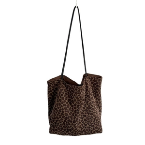 Minimalist faux suede leopard print tote bag with black leather shoulder straps