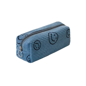 Blaues Federmäppchen aus Cord mit Smiley-Print und großem Fassungsvermögen