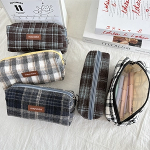 Vintage wool plaid pencil case set with leather label and large storage capacity