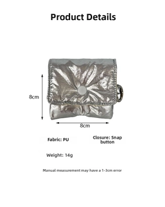 Silver PU leather earphone storage case measuring 8cm x 8cm with secure snap closure