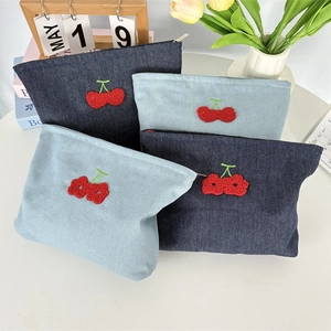 Trousse De Toilette En Denim Broderie Cerise Grande Capacité Organisateur De Maquillage Voyage Pour Femmes Filles Zippée