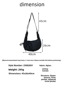 Detailed diagram of dark plaid nylon hobo bag with zip closure and multi-pocket interior