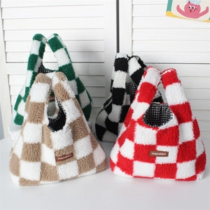 Detail of four colorful checkered plush handbags featuring soft faux shearling texture