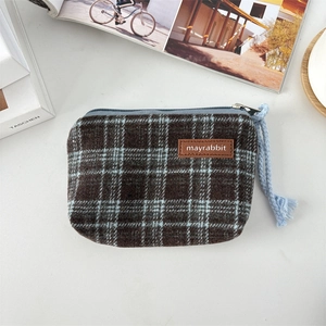 Detail of vintage plaid coin purse with textured canvas fabric and durable blue zipper