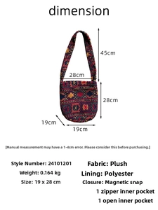 Size chart showing large capacity plush leopard bucket bag dimensions and internal structure
