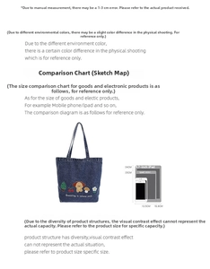 Detailed size comparison of embroidered denim tote bag showing height against a tablet