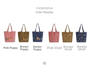 Color options of denim tote bags with cute puppy and seashell embroidery detail