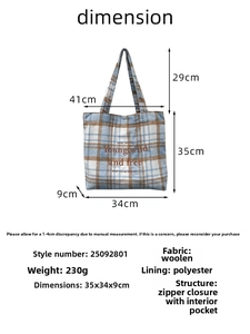 Size chart showing dimensions for the plaid woolen tote bag with handles and zipper