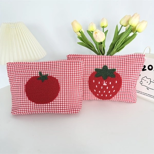 Cosmetic Bag Red Gingham Canvas Embroidered Tomato Strawberry Portable Zipper Toiletries Organizer Travel Pouch Women