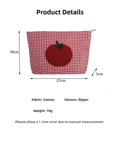 Detailed size specifications for the red plaid canvas pouch with tomato embroidery