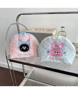 Quilted cosmetic bags with cute cat and rabbit embroidery and bear-shaped zippers