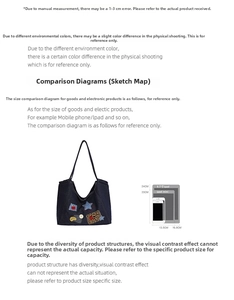 Size guide showing vintage denim tote bag compared to a 9.7 inch iPad and smartphone