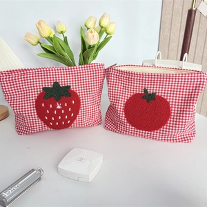 Red gingham cosmetic bag with cute strawberry and tomato embroidery in high capacity