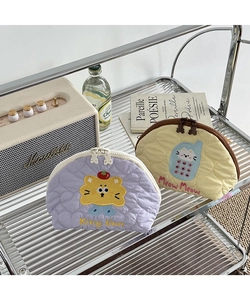 Quilted cotton cosmetic bag featuring embroidery details and cute bear zipper pulls