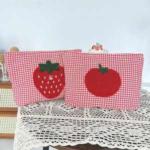 Red checkered cotton makeup bags with cute strawberry and tomato embroidery