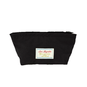 Portable black canvas makeup pouch with designer label and zipper closure for travel