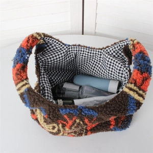 Furry colorful geometric patchwork tote bag with plaid lining and spacious interior