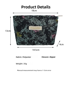 Detailed dimensions and polyester material specs for floral travel cosmetic bag