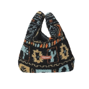 Plush faux fur handbag with colorful floral patterns and checkered cotton lining