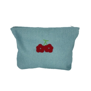 Trousse à maquillage en jean bleu avec cerises brodées en 3D et grande capacité