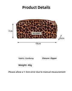 Leopard print corduroy makeup pouch dimensions 19x6x7cm with May Rabbit woven label