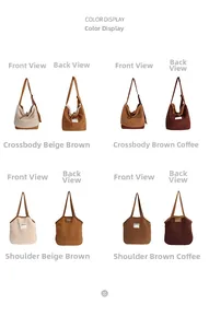 Front and back views of large plush tote bags in beige and brown faux shearling patchwork
