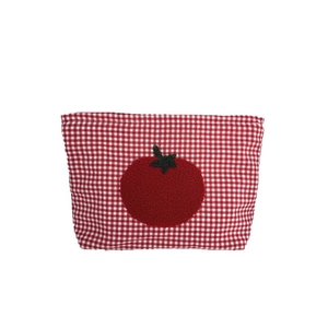 Red checkered cosmetic bag with cute tomato embroidery for skincare storage