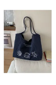 Detail of dark blue denim tote bag featuring white marine sea shell and starfish prints