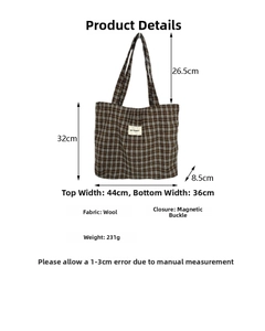 Spécifications détaillées du sac cabas en laine à carreaux de 44 cm de large et 32 cm de haut
