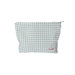 Draagbare grote cosmetische tas met groen-wit geruit patroon, rits en merklabel detail