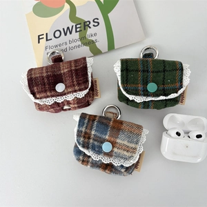 Plaid wool fabric earphone case with delicate lace trim and metal hanging hook