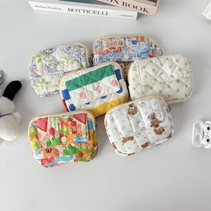 Close-up of quilted floral coin purses with snap pockets and various cute patterns