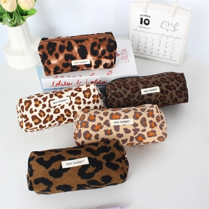 Retro leopard print corduroy stationery bags and cosmetic pouches in multiple colors